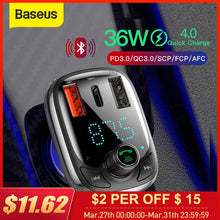 Load image into Gallery viewer, Baseus Quick Charge 4.0 Car Charger with FM Transmitter Bluetooth Handsfree FM Modulator PD 3.0 Fast USB Car Charger For iPhone