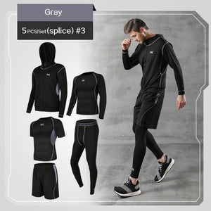 REXCHI 5 Pcs/Set Men's Tracksuit Gym Fitness Compression Sports Suit Clothes Running Jogging Sport Wear Exercise Workout Tights