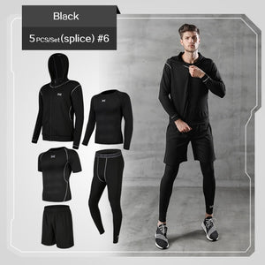 REXCHI 5 Pcs/Set Men's Tracksuit Gym Fitness Compression Sports Suit Clothes Running Jogging Sport Wear Exercise Workout Tights